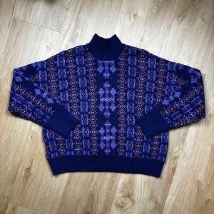 Womens Blue - Purple Knitted Turtleneck Geometric Sweater